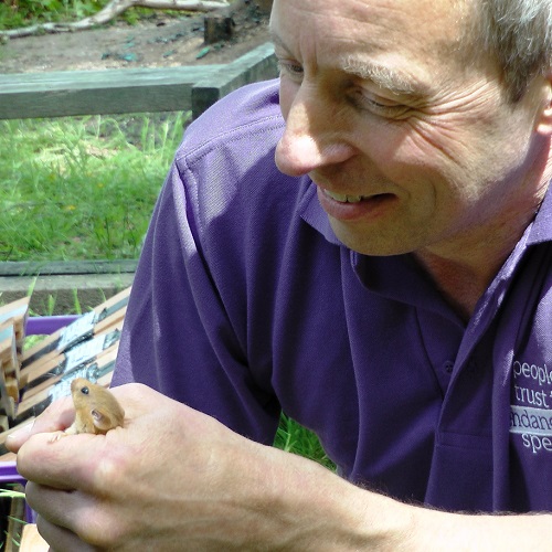 Ian White, PTES dormouse officer, with dormouse in hand