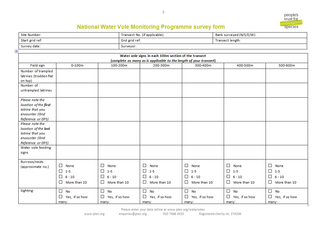 National Water Vole Monitoring Programme survey form