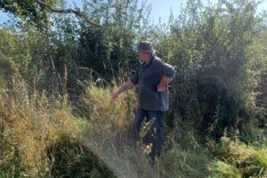 Kevin-next-to-recently-layed-hedge-with-regrowth. Exploring some exemplary hedges in Northumberland